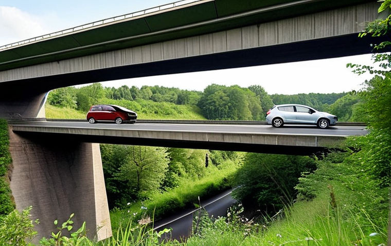 **
A wide, green ecoduct spanning a busy highway in the Netherlands. Lush vegetation covers the bridge, blending seamlessly with the surrounding landscape. A red deer gracefully crosses the ecoduct, with cars blurred in motion below. The Natuurbrug Zanderij Crailoo serves as inspiration. Focus on showcasing the bridge as a natural extension of the environment.
**