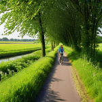 **Image Prompt 1: The Green Artery of the Polder**
    A serene, wide-angle shot of a vibrant ecological corridor cutting through a flat Dutch polder landscape. Lush, diverse vegetation including trees, shrubs, and wildflowers lines a winding bicycle path where a single person cycles peacefully. The air appears crisp and clean, with soft sunlight highlighting dew on leaves. Subtle hints of filtered water in a nearby ditch or canal. The scene emphasizes the natural filtration and clean air benefits, showcasing nature's quiet efficiency amidst human presence. Focus on rich green textures and inviting, breathable atmosphere.
