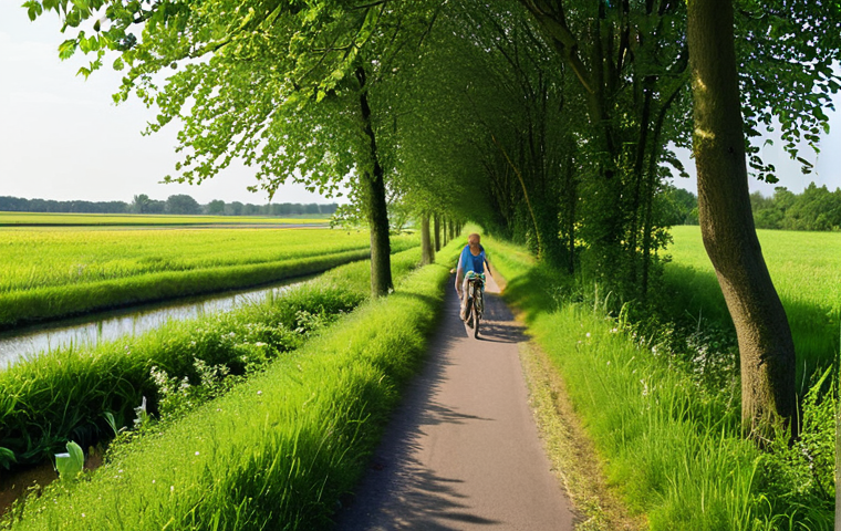 **Image Prompt 1: The Green Artery of the Polder**
    A serene, wide-angle shot of a vibrant ecological corridor cutting through a flat Dutch polder landscape. Lush, diverse vegetation including trees, shrubs, and wildflowers lines a winding bicycle path where a single person cycles peacefully. The air appears crisp and clean, with soft sunlight highlighting dew on leaves. Subtle hints of filtered water in a nearby ditch or canal. The scene emphasizes the natural filtration and clean air benefits, showcasing nature's quiet efficiency amidst human presence. Focus on rich green textures and inviting, breathable atmosphere.